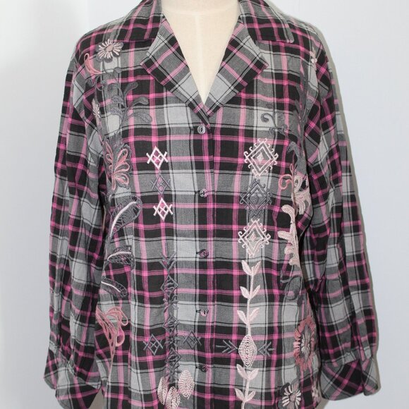 NWT Johnny Was Biya Workshop JWLA Embroidered Vintage Shirt Bellania Plaid - Picture 3 of 8